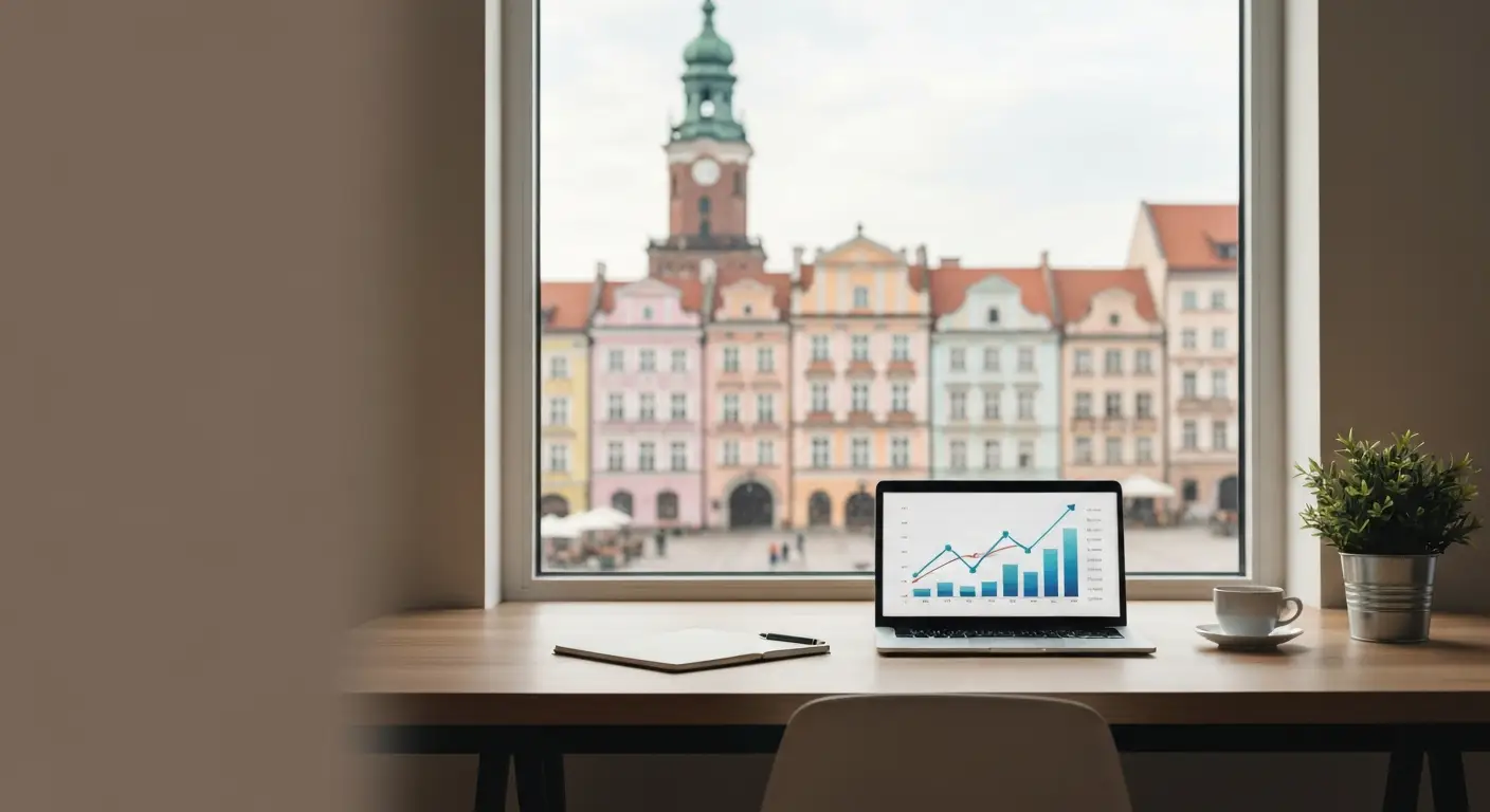 Nowoczesne biurko agencji marketingowej z laptopem i wykresami, w tle rozmyte kamienice poznanskiego Starego Rynku w por