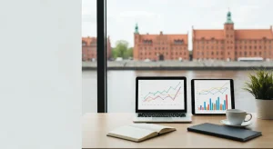 Nowoczesne biurko agencji marketingowej z laptopem i wykresami analitycznymi, w tle rozmyta panorama Wałów Chrobrego i c