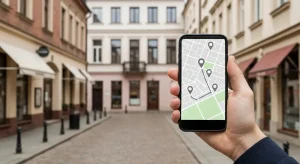 Dlon trzyma smartfon z mapa i pinezkami lokalizacji na tle polskiej ulicy z kamienicami i lokalami uslugowymi