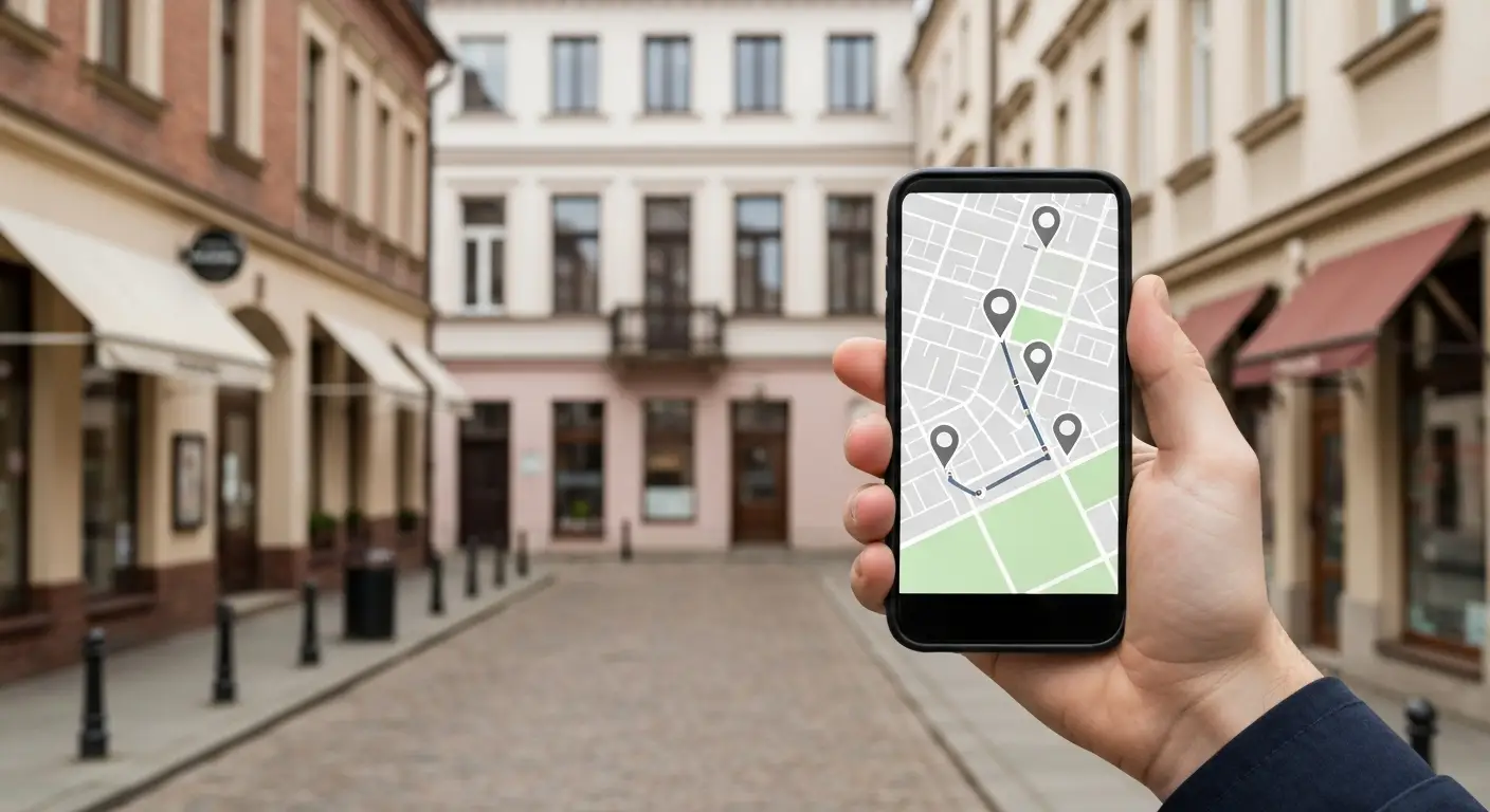 Dlon trzyma smartfon z mapa i pinezkami lokalizacji na tle polskiej ulicy z kamienicami i lokalami uslugowymi
