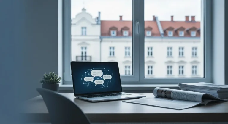 Nowoczesne biurko agencji marketingowej z laptopem pokazujacym interfejs odpowiedzi AI, obok wydrukowany magazyn i publi