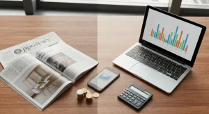 Biurko agencji marketingowej z otwartym magazynem i gazeta po lewej oraz laptopem, smartfonem z wykresem i monetami zlot