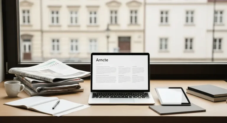 Biurko agencji SEO z laptopem, tabletem i stosem drukowanych magazynow przy oknie z widokiem na polska ulice