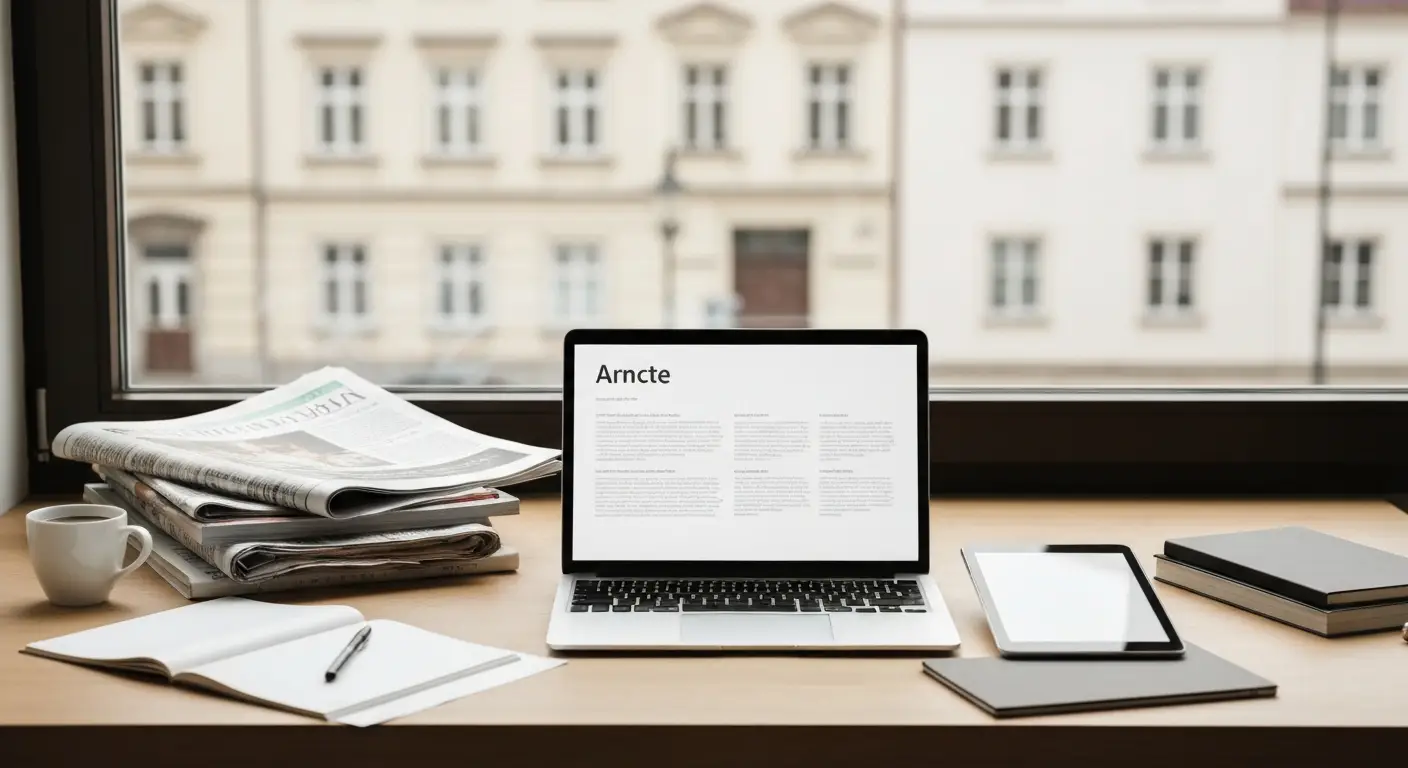 Biurko agencji SEO z laptopem, tabletem i stosem drukowanych magazynow przy oknie z widokiem na polska ulice