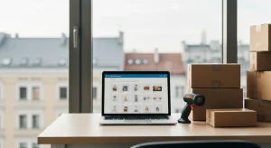 Laptop z rozmytą siatką produktów sklepu internetowego obok kartonów wysyłkowych i czytnika kodów na biurku przy oknie z