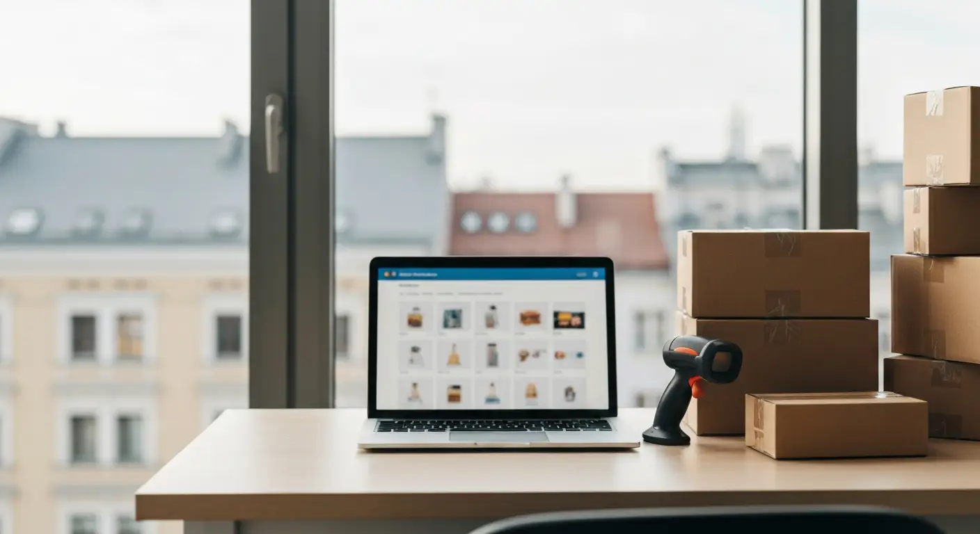 Laptop z rozmytą siatką produktów sklepu internetowego obok kartonów wysyłkowych i czytnika kodów na biurku przy oknie z