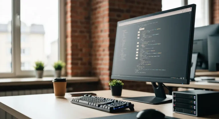 Biurko programisty w agencji SEO z monitorem pokazujacym nieostry kod i strukture plikow, w tle loftowe wnetrze w polski