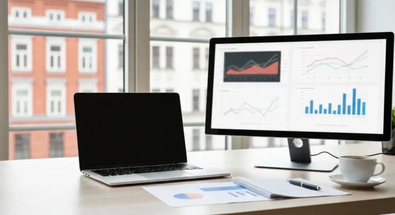 Nowoczesne biurko agencji marketingowej z laptopem i monitorem pokazujacym rozmyte wykresy analityczne, raport, notes i