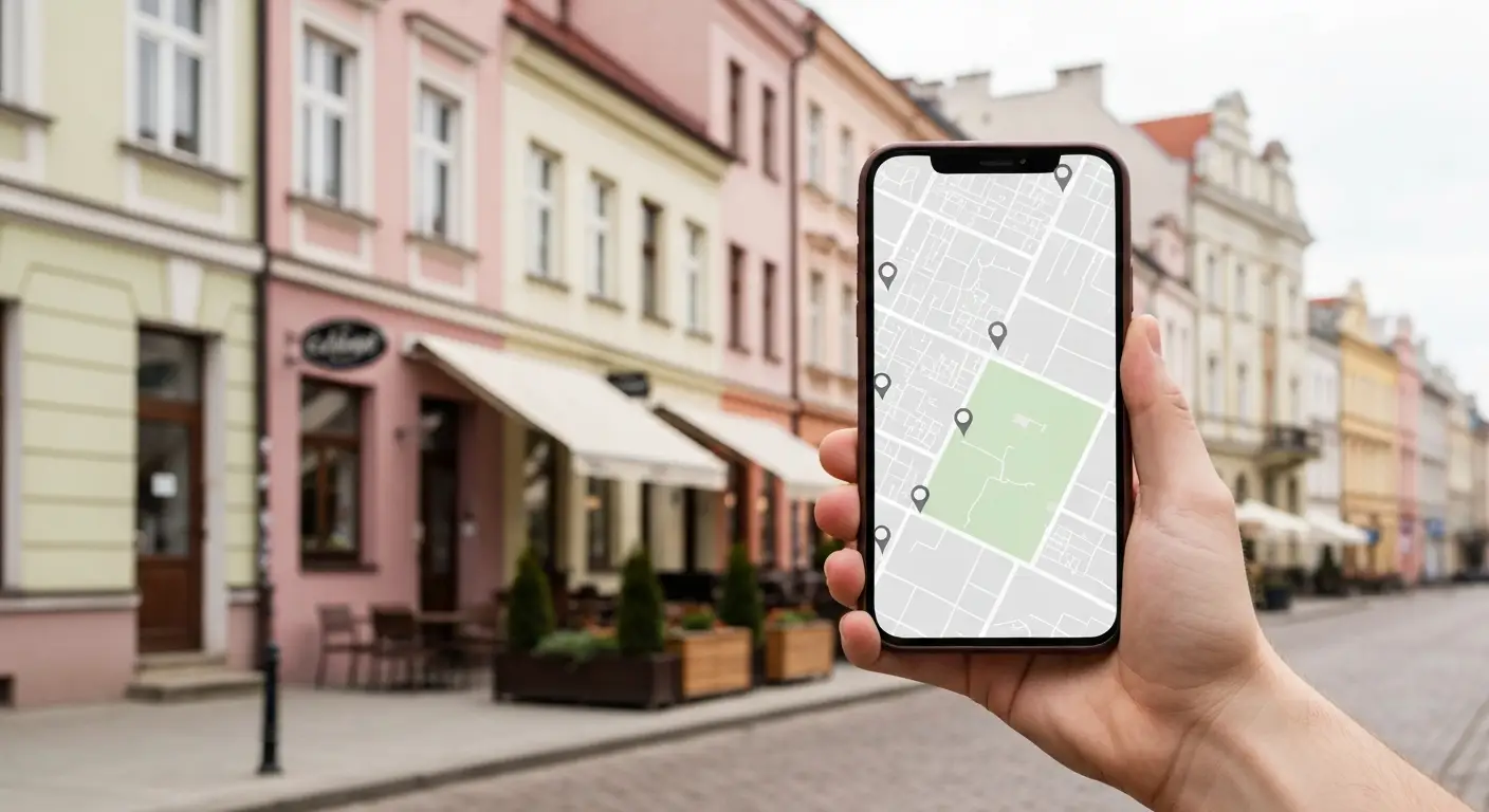 Smartfon z mapa i pinezkami lokalizacji trzymany na tle rozmytej ulicy z kamienicami i lokalnymi witrynami sklepowymi w