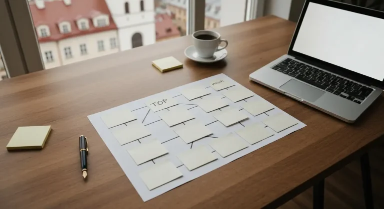 Biurko stratega treści z pustymi kartkami i karteczkami ułożonymi w hierarchiczny szkielet artykułu, obok pióro i laptop