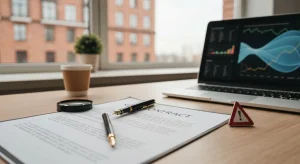Wydrukowana umowa SEO na biurku agencji z piorem, lupa i mala czerwona choragiewka ostrzegawcza obok laptopa