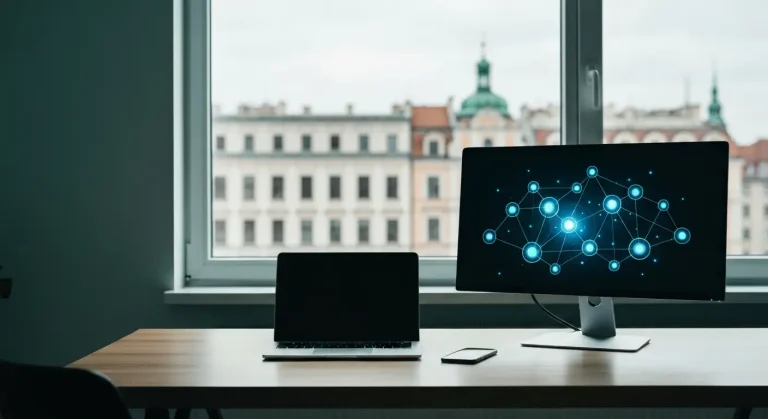 Nowoczesne biurko agencji z laptopem i monitorem pokazujacym abstrakcyjna siec swiecacych punktow danych, w tle rozmyta