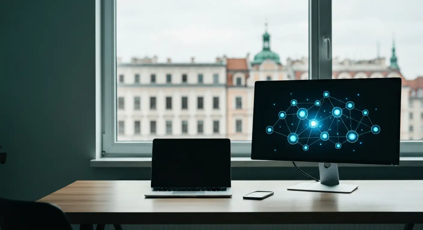 Nowoczesne biurko agencji z laptopem i monitorem pokazujacym abstrakcyjna siec swiecacych punktow danych, w tle rozmyta