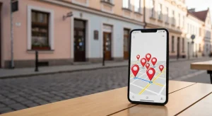 Smartfon na drewnianym stole kawiarnianym pokazujacy mape z czerwonymi pinezkami lokalizacji, w tle rozmyta polska staro