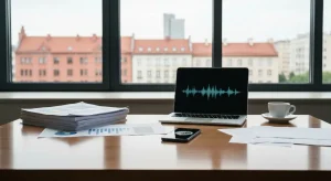 Nowoczesne biurko agencji marketingowej z laptopem, raportami i smartfonem przy oknie z widokiem na polskie miasto w nat
