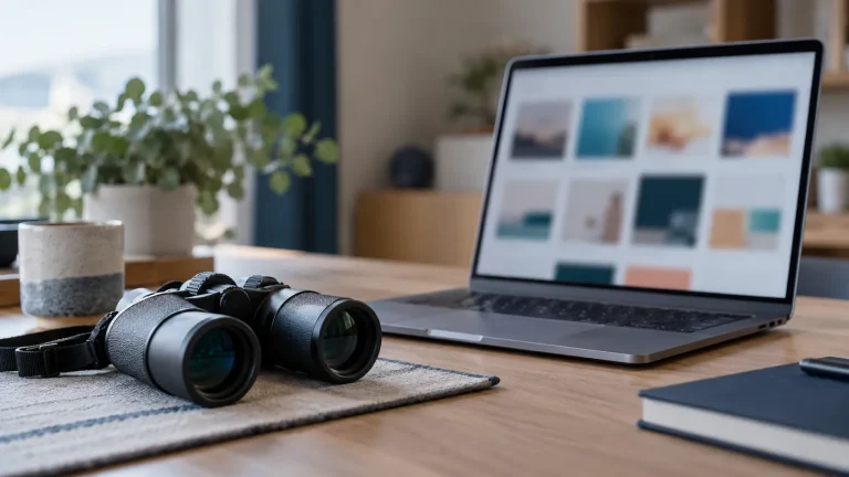 Lornetka leżąca obok laptopa z rozmytą siatką reklam
