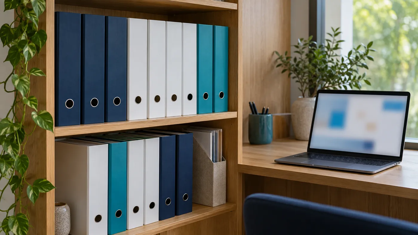 Półka biblioteczna z segregatorami bez napisów i laptop