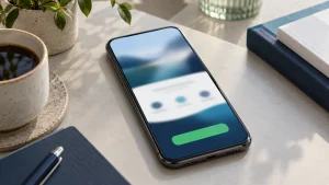 Smartfon z rozmytą stroną firmową i widocznym zielonym przyciskiem bez napisu