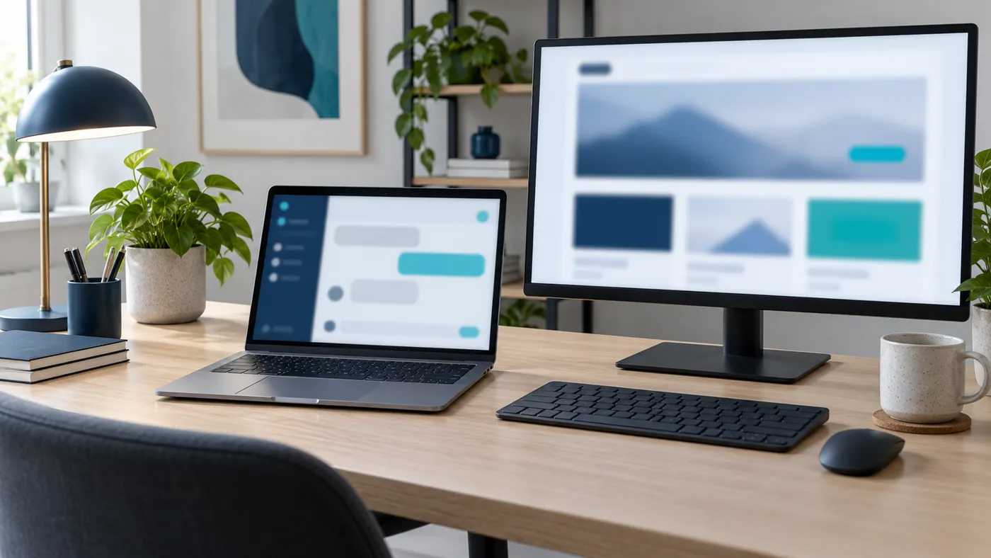 Laptop z rozmytym czatem AI i obok drugi monitor z rozmytą makietą strony