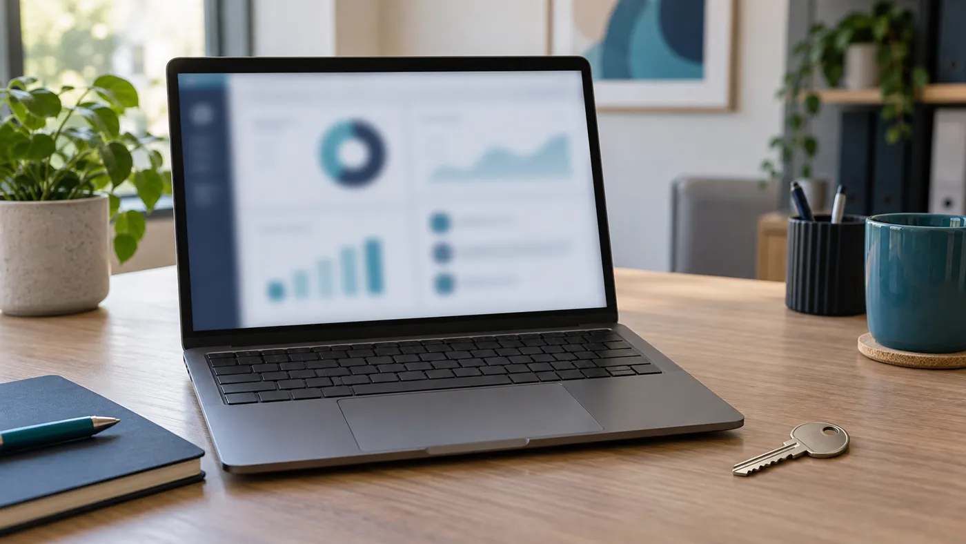 Laptop z rozmytym panelem i klucz obok
