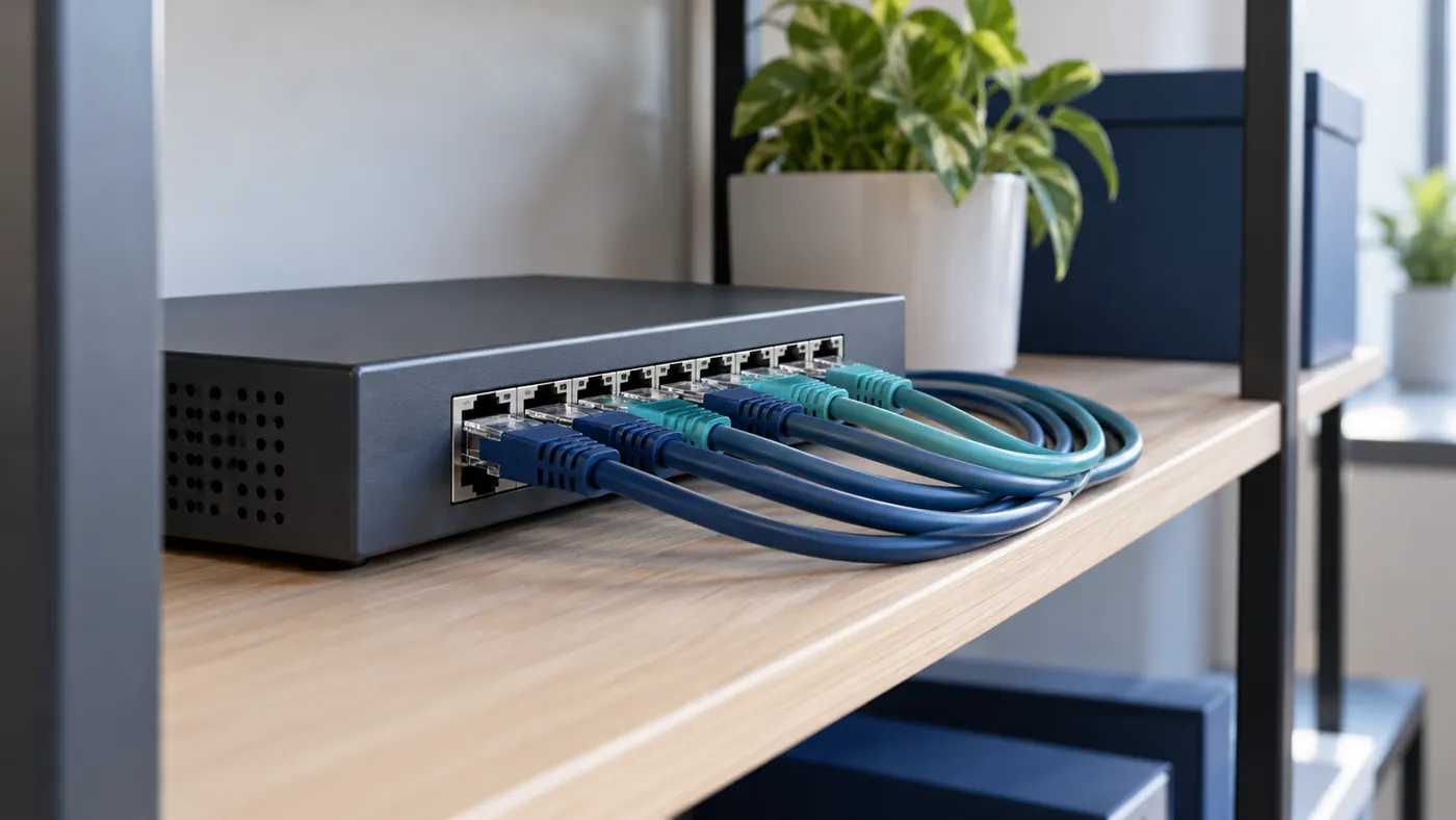 Kable sieciowe i switch na półce