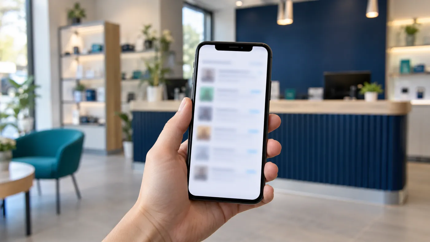 Dłoń trzymająca smartfon z rozmytym wynikiem wyszukiwania i przyciskiem połączenia