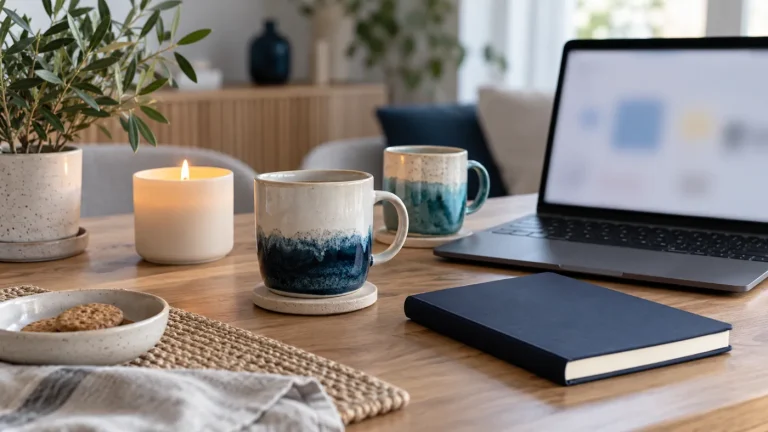 Produkty sklepu (kubki, świeca, notes) ułożone na stole obok laptopa
