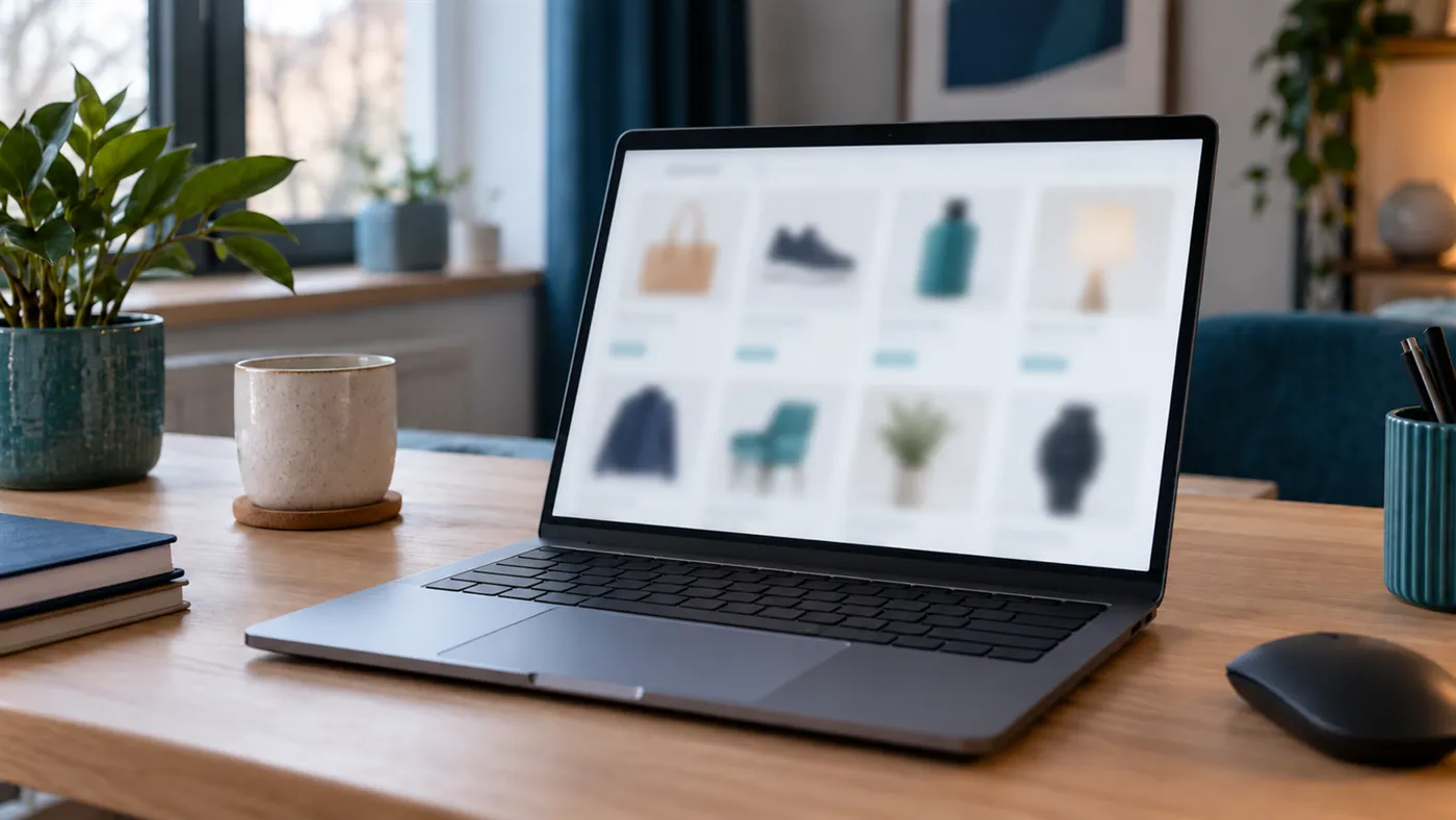 Laptop z rozmytą siatką kart produktów