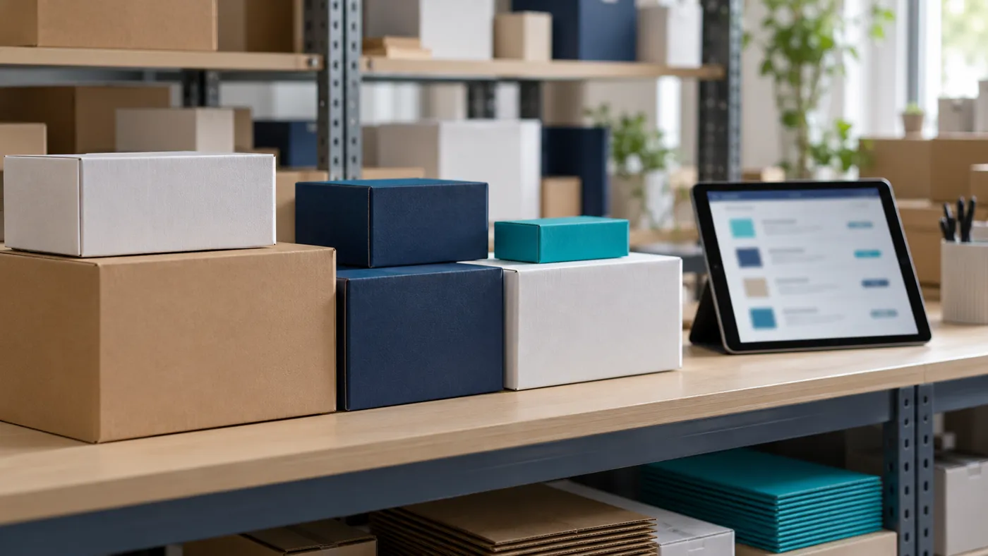 Pudełka z produktami na półce i tablet z rozmytą listą