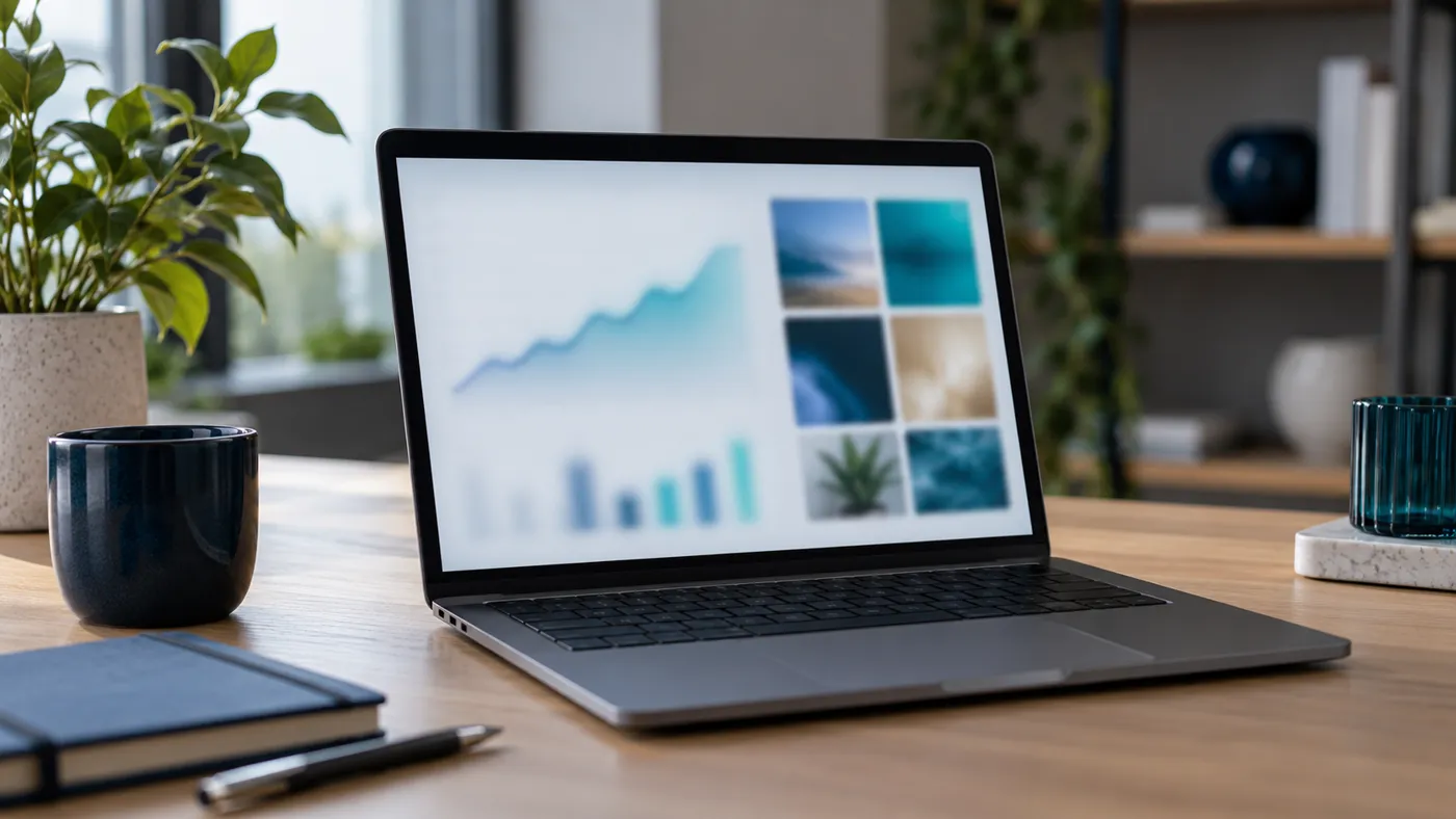 Laptop z abstrakcyjnym wykresem kosztu i kafelkami kreacji
