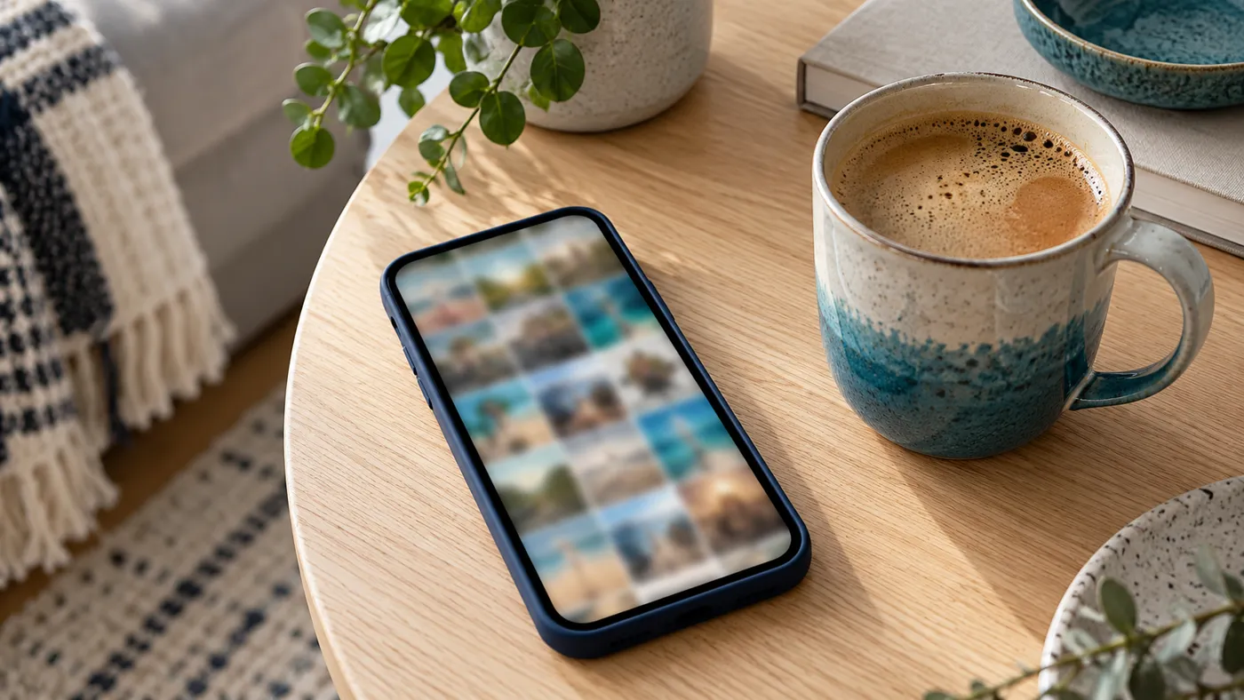 Smartfon z rozmytą siatką postów i kubek kawy