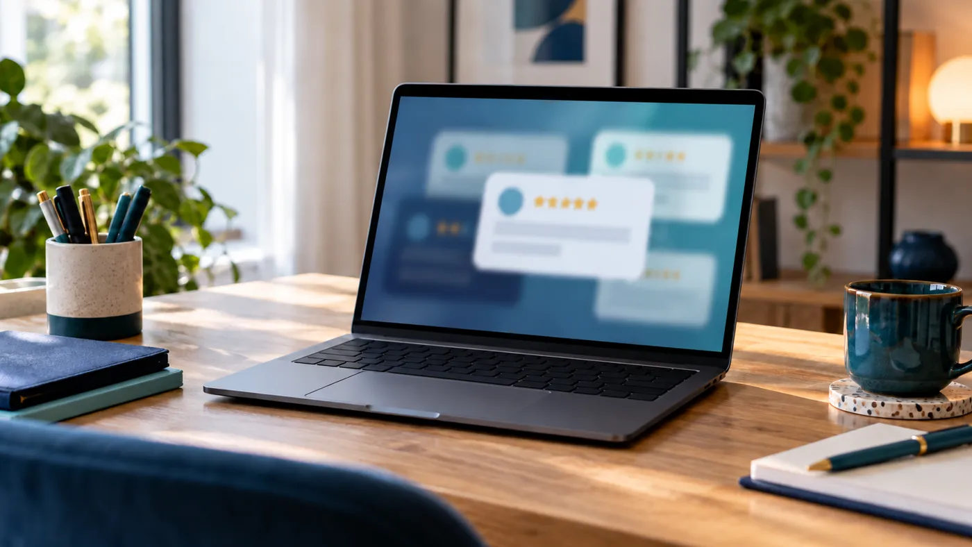 Laptop z rozmytymi kartami opinii z gwiazdkami