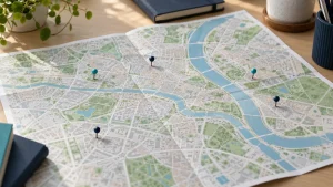 Papierowa mapa miasta z kilkoma pinezkami na biurku