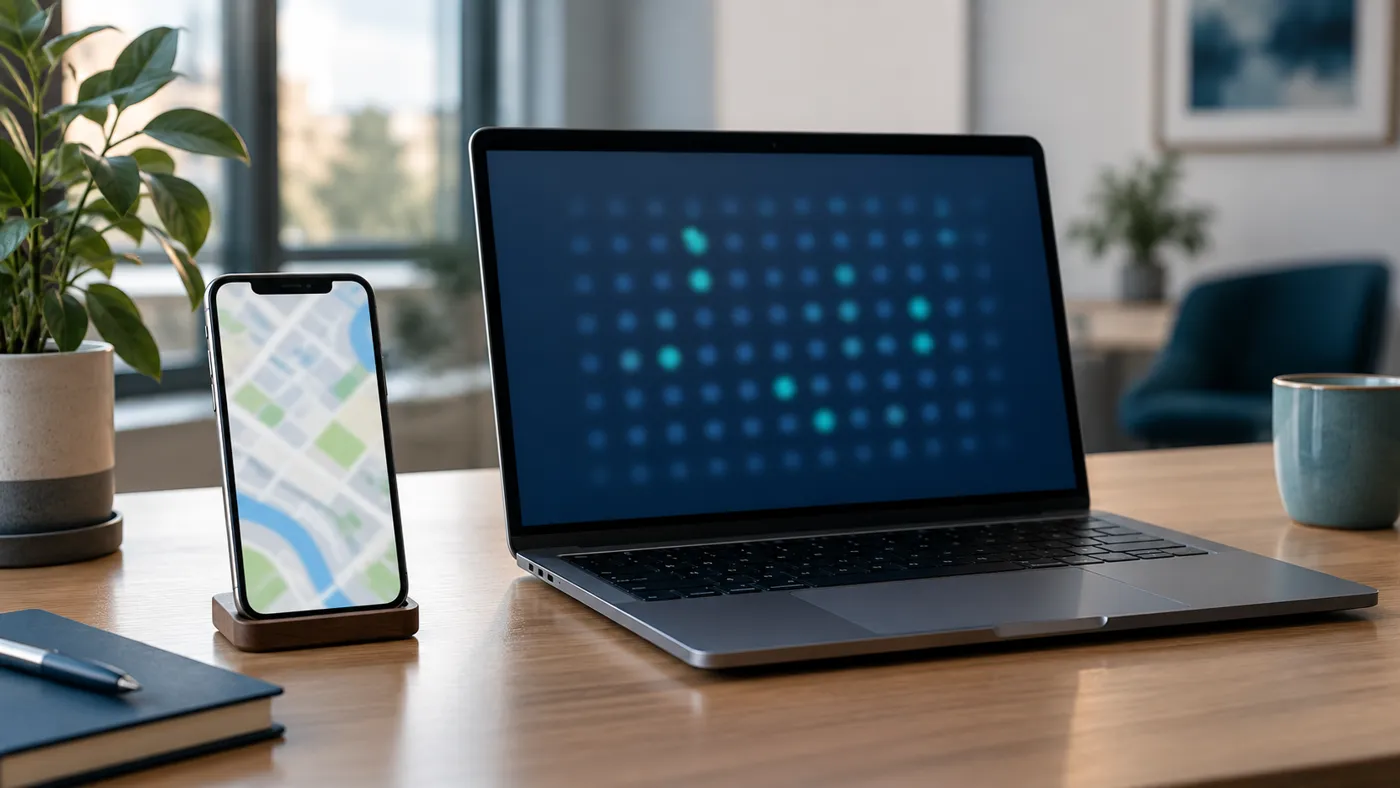 Smartfon z rozmytą mapą i laptop z siatką punktów