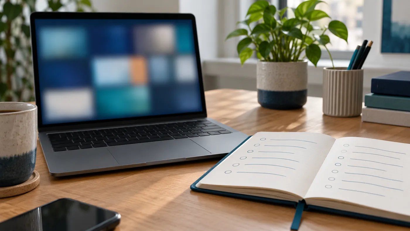 Laptop z rozmytą wideorozmową i notes z pytaniami