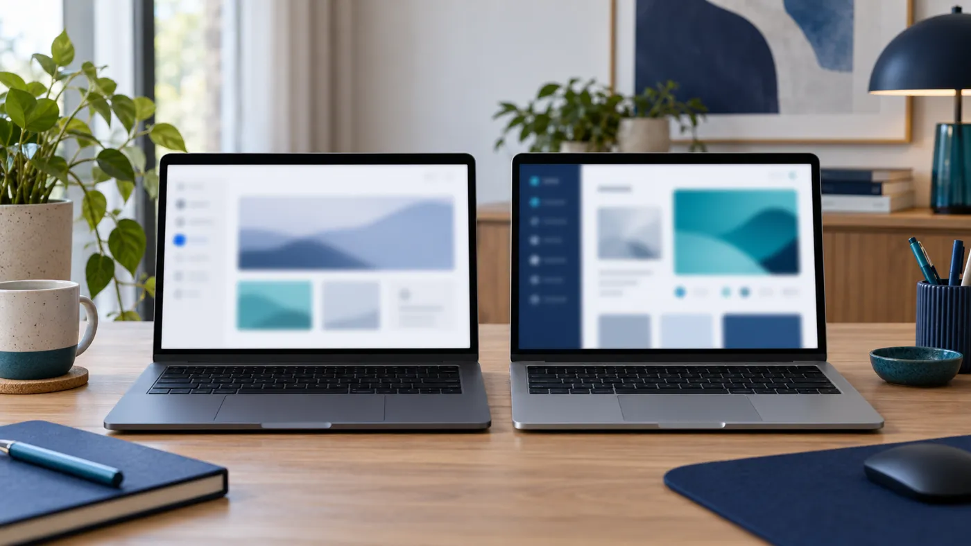Dwa laptopy obok siebie z różnymi rozmytymi edytorami stron