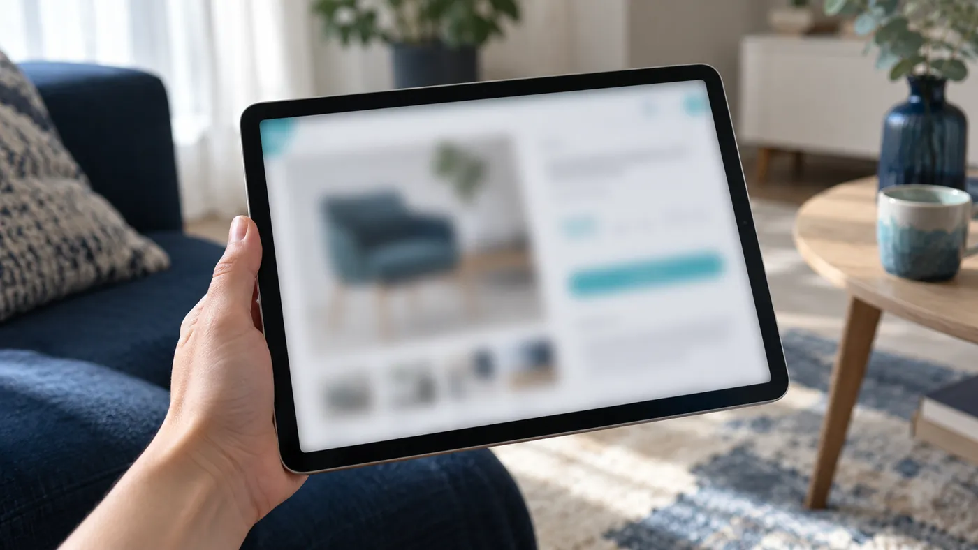 Tablet z rozmytą kartą produktu w dłoni