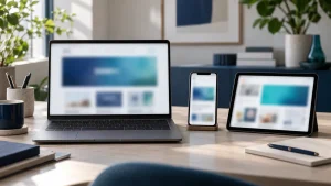 Kilka ekranów (laptop, telefon, tablet) z rozmytymi formatami reklam obok siebie