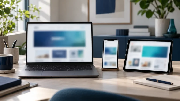 Kilka ekranów (laptop, telefon, tablet) z rozmytymi formatami reklam obok siebie