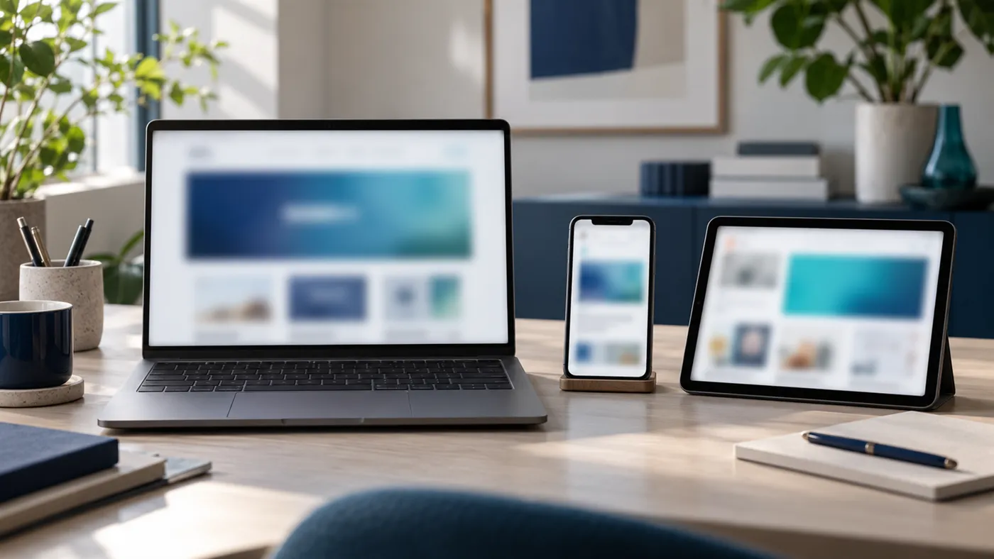 Kilka ekranów (laptop, telefon, tablet) z rozmytymi formatami reklam obok siebie
