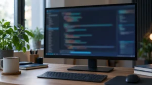 Monitor z rozmytym kodem źródłowym w ciemnym motywie