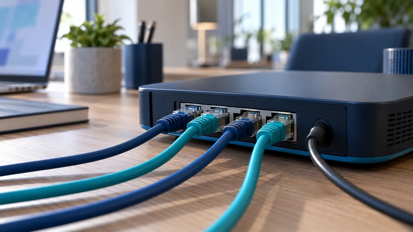 Kable sieciowe podłączone do routera na biurku