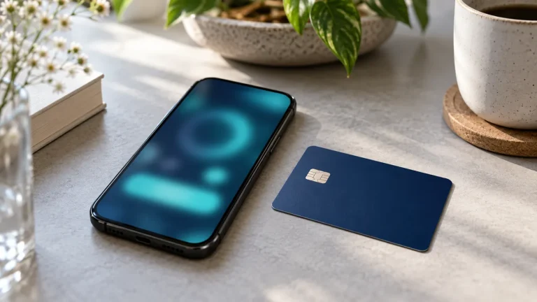 Smartfon z rozmytym ekranem płatności i karta płatnicza