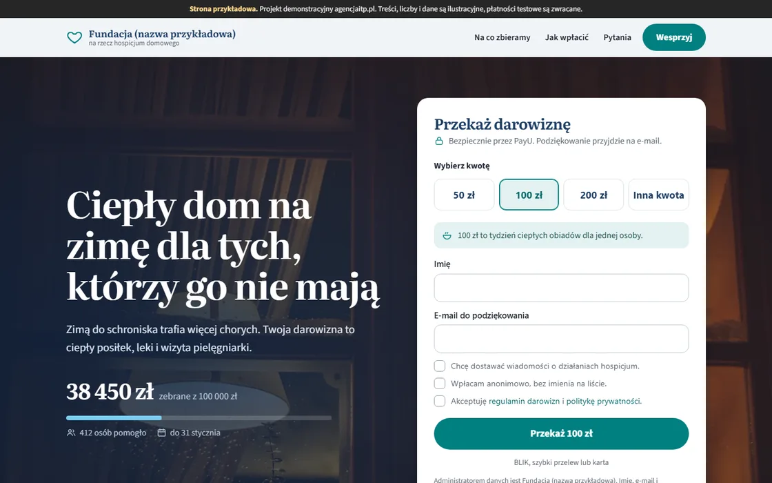 Landing kampanii darowizn z formularzem wpłaty - projekt agencjaitp