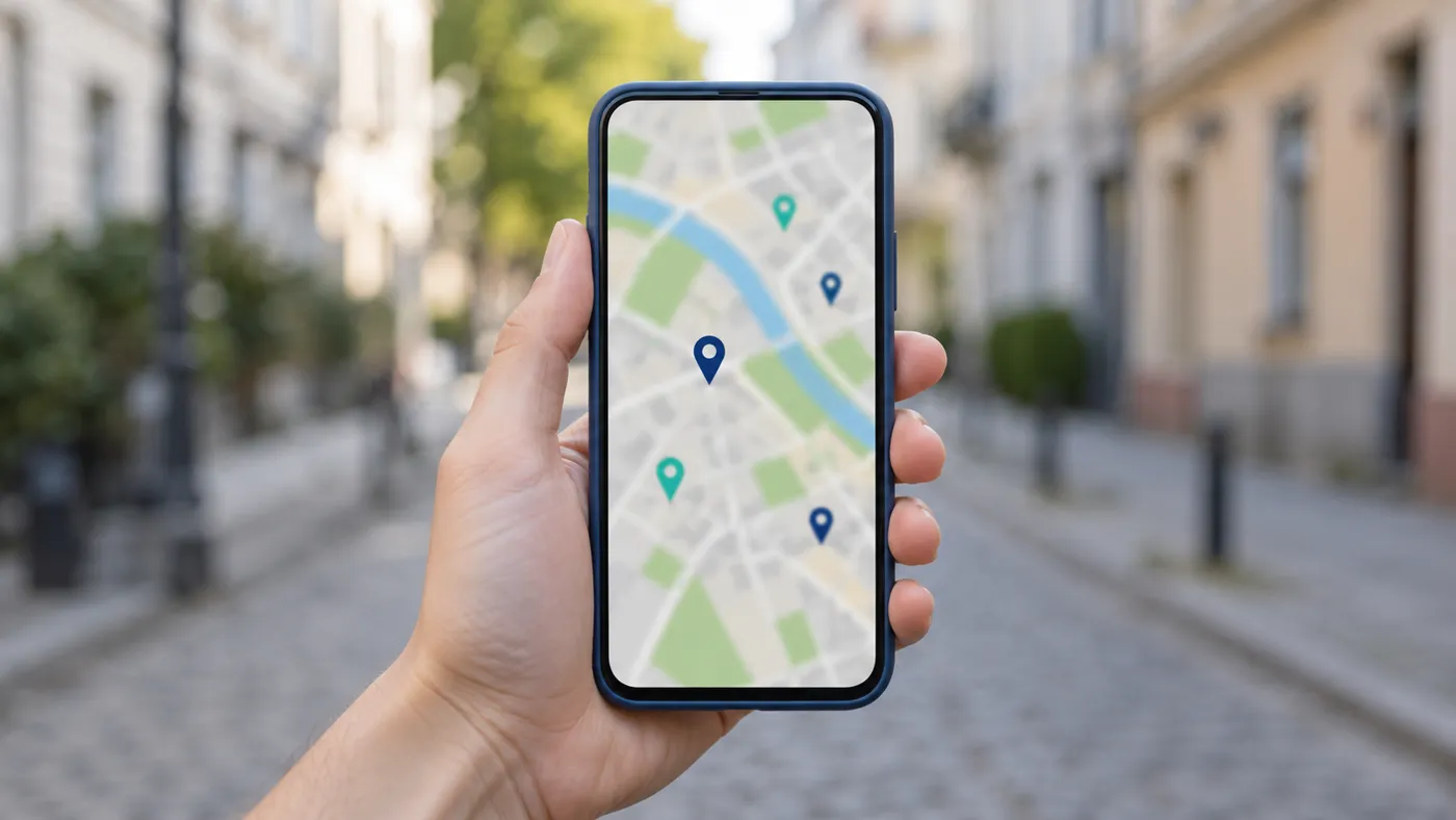 Dłoń trzymająca smartfon z mapą miasta i kilkoma pinezkami na tle ulicy z kamienicami