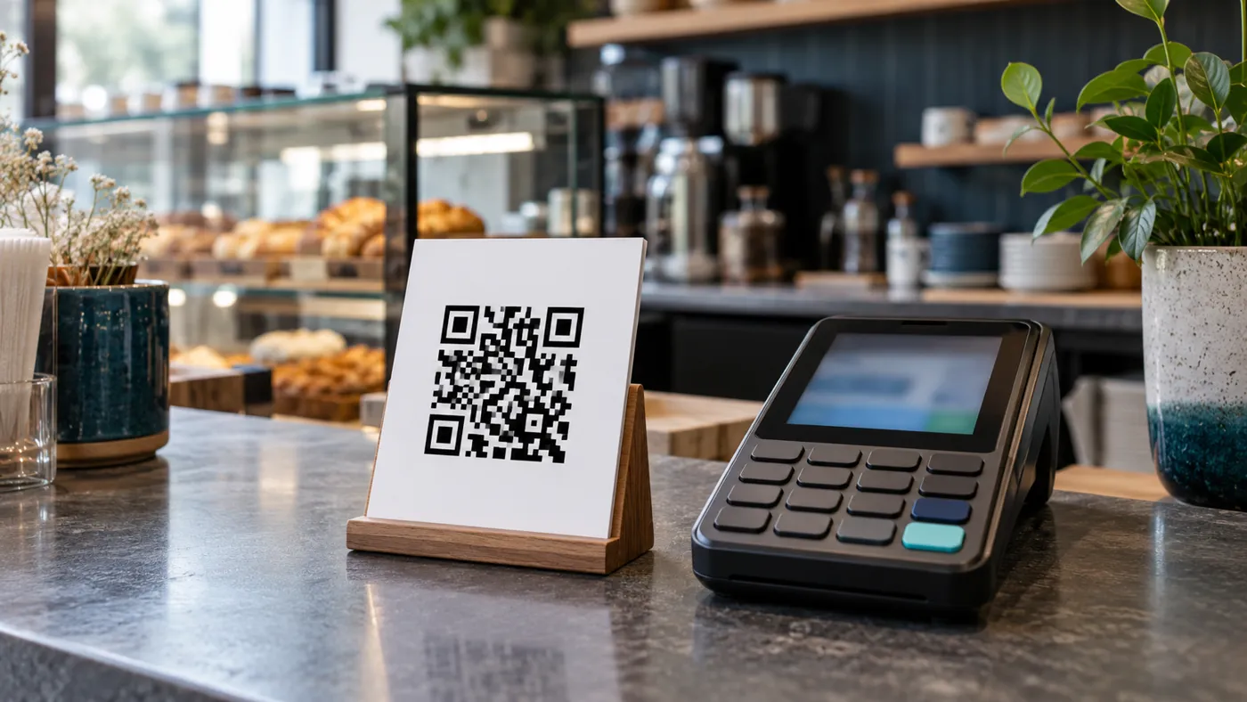 Podstawka z kodem QR obok terminala płatniczego na ladzie kawiarni