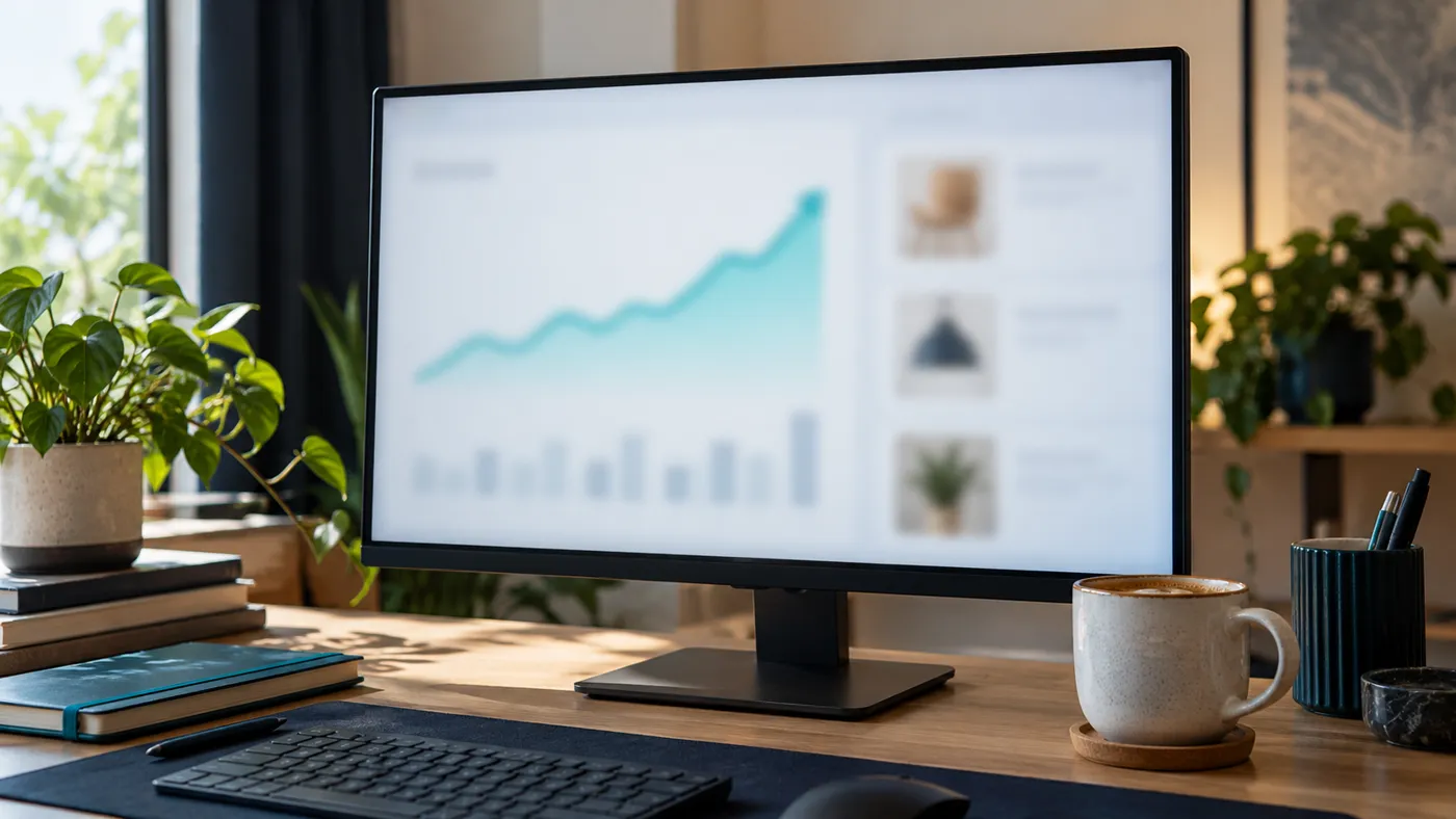 Monitor z rozmytą siatką kart produktów i panelem filtrów sklepu internetowego