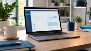Laptop z rozmytym panelem WordPressa w jasnym biurze
