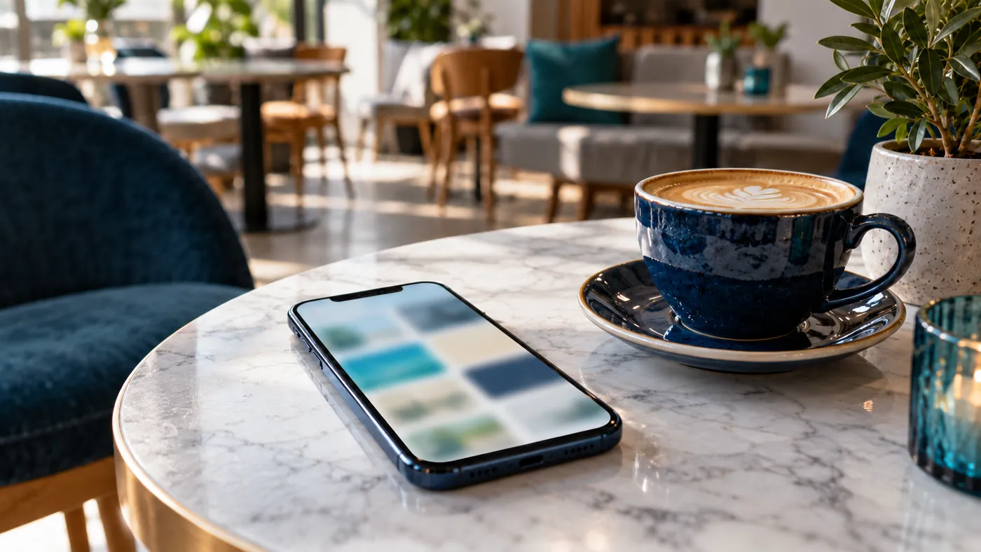Smartfon z rozmytym kanałem społecznościowym leżący na stoliku w kawiarni obok filiżanki