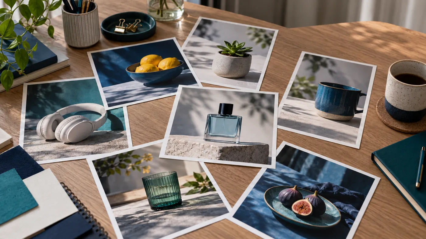 Kreacje reklamowe rozłożone na biurku: wydruki pionowych i kwadratowych grafik bez czytelnych napisów